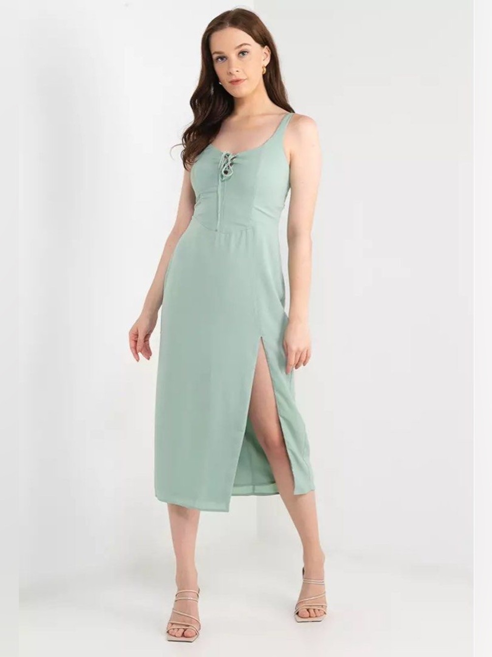 Abercrombie & Fitch Corset Lace-Up Midi Dress Slit Light Green Large Petite